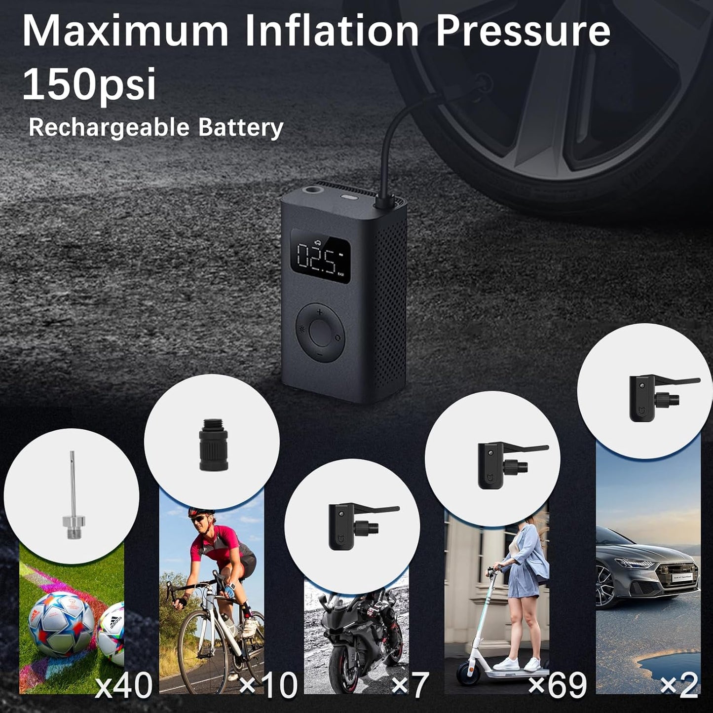 Mi Portatil Electric Air Compressor 2, Inflador Ruedas Coche 150 PSI 6 Modos Con Recargable De 2000 Mah, Compresor Con Pantalla LCD Con Sensor De Presión Para Coche, Bicicleta, Moto, Pelota (Negro)